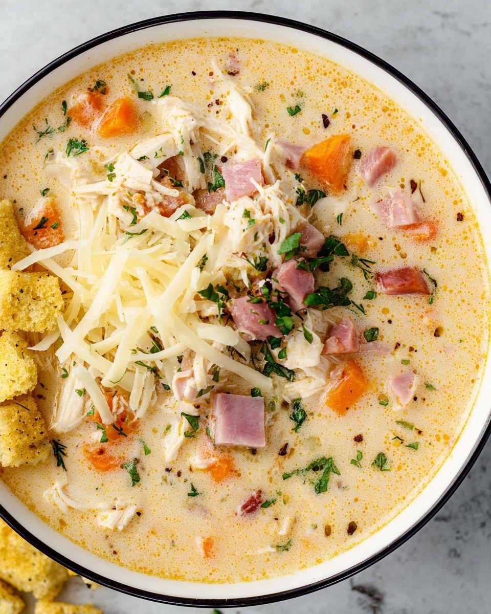 A bowl filled with creamy light orange soup that has visible pieces of white shredded chicken and diced orange carrots mixed throughout. There are small chunks of pink ham layered on top along with fresh green herbs sprinkled across the surface. On one side, a small pile of yellowish dried croutons rests partially covered by thin, pale strips of shredded cheese. The bowl is white with a thin black rim, placed on a white marbled surface. photo taken with an iphone --ar 4:5 --v 7