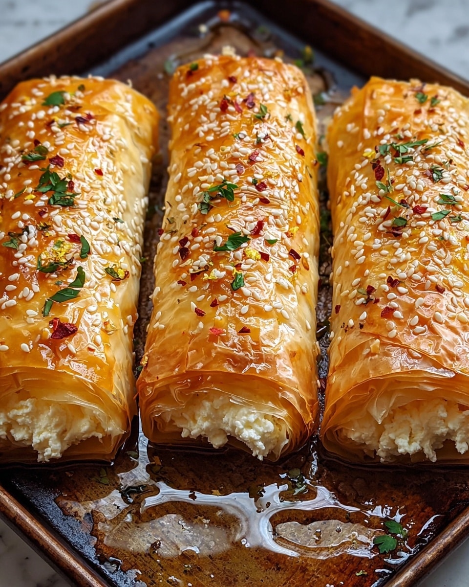Three golden brown phyllo pastry rolls are filled with creamy white cheese, placed side by side on a dark baking tray. The top layer of each roll is thin, flaky, and shiny with a honey-like glaze, sprinkled with white sesame seeds, small green herb pieces, and red chili flakes. The edges of the pastry wrap tightly around for a neat finish, while some white cheese filling peeks out from one end. The baking tray shows some oil pooled around the rolls, and the background has a soft white marbled texture. Photo taken with an iphone --ar 4:5 --v 7