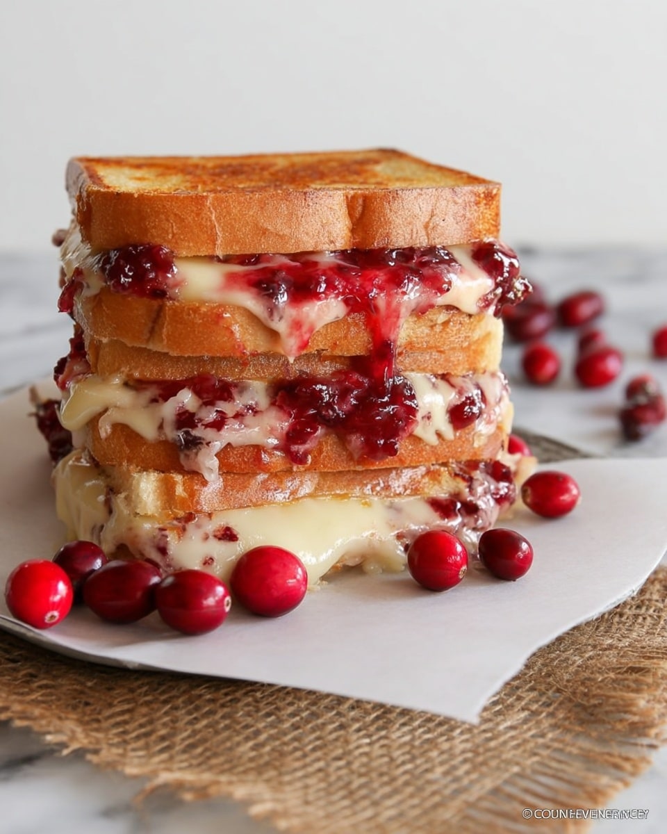 A tall sandwich with three layers of toasted golden brown bread stacked on a white plate, each layer visibly filled with melted creamy cheese and bright red cranberry sauce that drips down the sides. The texture of the melted cheese looks smooth and gooey, while the cranberry sauce adds a glossy, chunky contrast. The sandwich sits on white parchment paper, with several fresh cranberries scattered nearby on a rustic burlap cloth, all placed on a white marbled surface. photo taken with an iphone --ar 4:5 --v 7