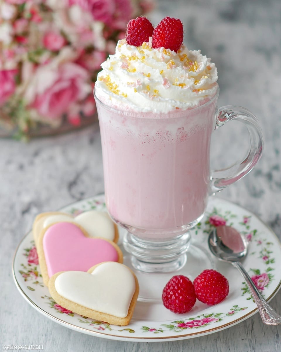 A clear glass mug holds a pink creamy drink, topped thickly with white whipped cream sprinkled with small golden bits and garnished with three bright red raspberries on top. The mug sits on a white floral plate with delicate pink and green flower patterns. On the plate, to the left, there are four heart-shaped cookies with smooth icing in shades of white, light pink, and bright pink. Two additional raspberries are placed to the right on the plate near a shiny silver spoon. The whole scene rests on a white marbled texture surface with blurred pink flowers in the soft background. photo taken with an iphone --ar 4:5 --v 7