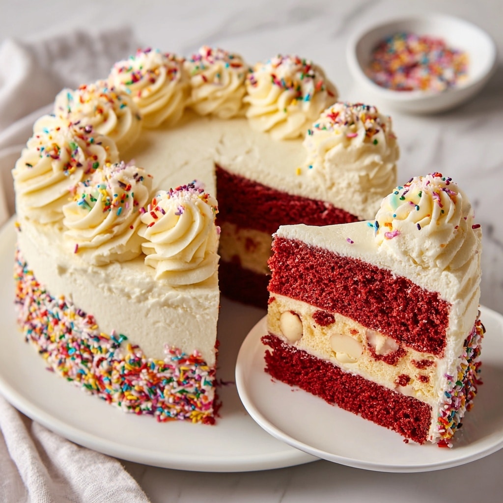 A single slice of red velvet cake with white chocolate chips is placed on a white plate with decorative edges. The cake slice has one thick red layer filled with white chocolate chips spread inside. On top, there is one thick swirl of white cream frosting, decorated with pink, red, and white sprinkles and a small red heart-shaped sprinkle. The plate sits on a soft pink cloth on a white marbled surface. In the background, a matching white plate with part of the whole cake and a white bowl with sprinkles are visible but out of focus. A silver fork is placed next to the cake slice. photo taken with an iphone --ar 4:5 --v 7