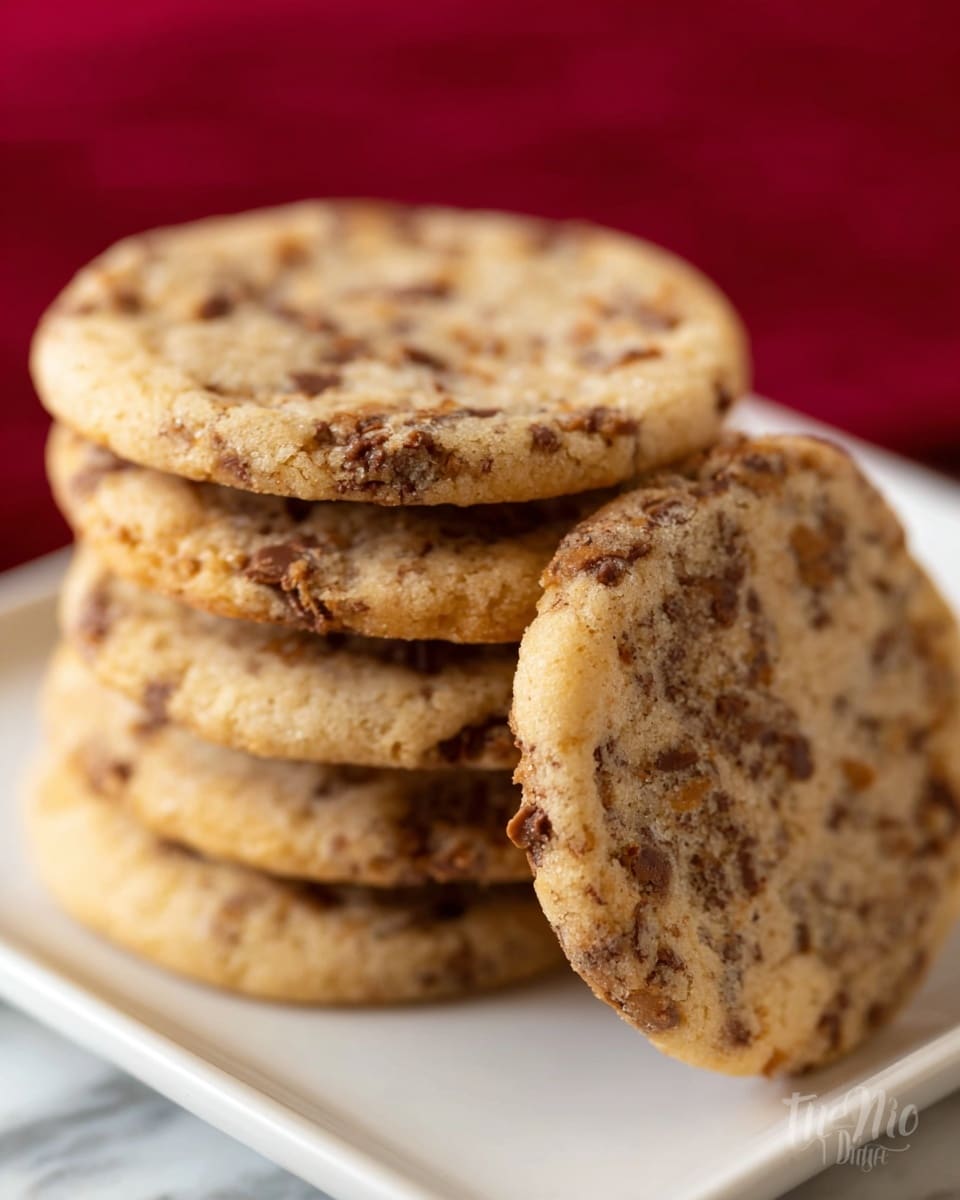The image shows a stack of six light golden brown cookies with small dark brown and caramel-colored chunks spread evenly throughout. The cookies have a soft, slightly crumbly texture with a few small cracks on the surface. One cookie is leaning against the stack, showing its round shape and thickness. The cookies are placed on a white square plate, set on a white marbled surface. The background is a deep red color, out of focus. photo taken with an iphone --ar 4:5 --v 7