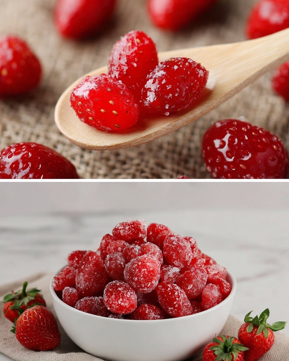 The image shows two close-up views of candied strawberries. The top part has a light wooden spoon holding several bright red candied strawberries with visible sugar crystals and tiny seeds, set on a coarse beige fabric. The strawberries have a shiny, textured surface and vary slightly in size. The bottom part features a white bowl filled with similarly candied strawberries piled high, placed on a rough beige cloth with fresh red strawberries around it, all against a white marbled background. The strawberries are vibrant red with sugary coating giving a slightly frosted look, and fresh green leafy tops add contrast. Photo taken with an iphone --ar 4:5 --v 7
