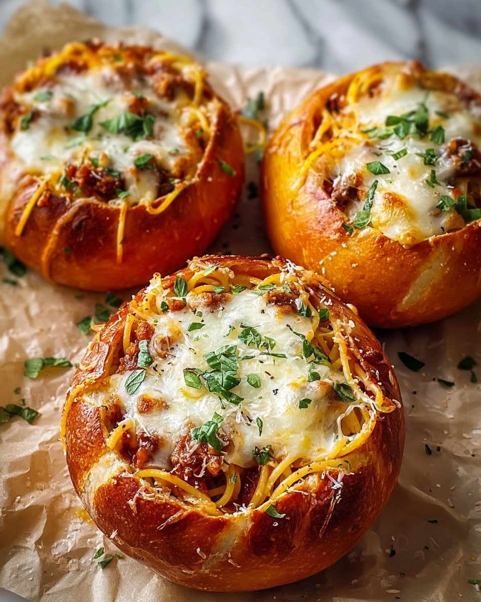 The image shows three round bread bowls filled with spaghetti and topped with melted cheese. Each bread bowl has a golden-brown crust that looks crisp and slightly cracked on the edges, with melted cheese bubbling over the sides. Inside each bowl, there are strands of cooked yellow spaghetti mixed with tomato sauce and bits of browned meat, all covered by a layer of creamy, melted white cheese. Small green herb leaves are sprinkled on top of the cheese, adding a fresh touch. The bowls are placed close to each other on a sheet of crumpled parchment paper set on a white marbled surface. photo taken with an iphone --ar 4:5 --v 7