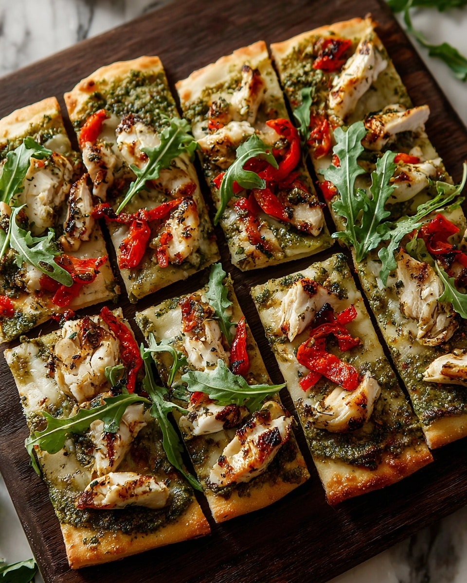 The image shows six rectangular slices of grilled chicken flatbread on a dark wooden board placed on a white marbled texture. Each slice has a light golden-brown crust base with grill marks and a layer of green pesto sauce spread unevenly on top. Chunks of grilled chicken with charred edges are scattered across each slice. Bright red strips of roasted red pepper and fresh green arugula leaves are placed on top, adding color contrast. The overall texture appears crispy and fresh. Photo taken with an iphone --ar 4:5 --v 7