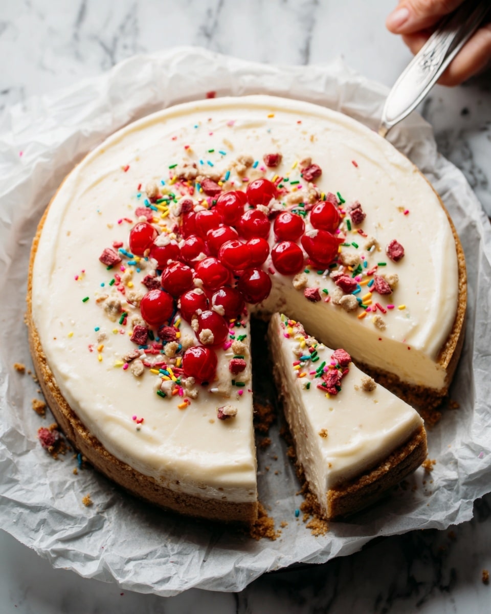 A round cheesecake with a smooth creamy white top layer is placed on white parchment paper over a white marbled surface. The top is decorated with bright red cherries clustered in the center and colorful small sprinkles scattered around. A large slice is removed, showing a thick middle layer of pale beige cheesecake and a bottom layer of crumbly brown crust. A woman's hand holding the edge of the parchment paper is partially visible at the top left. The photo taken with an iphone --ar 4:5 --v 7
