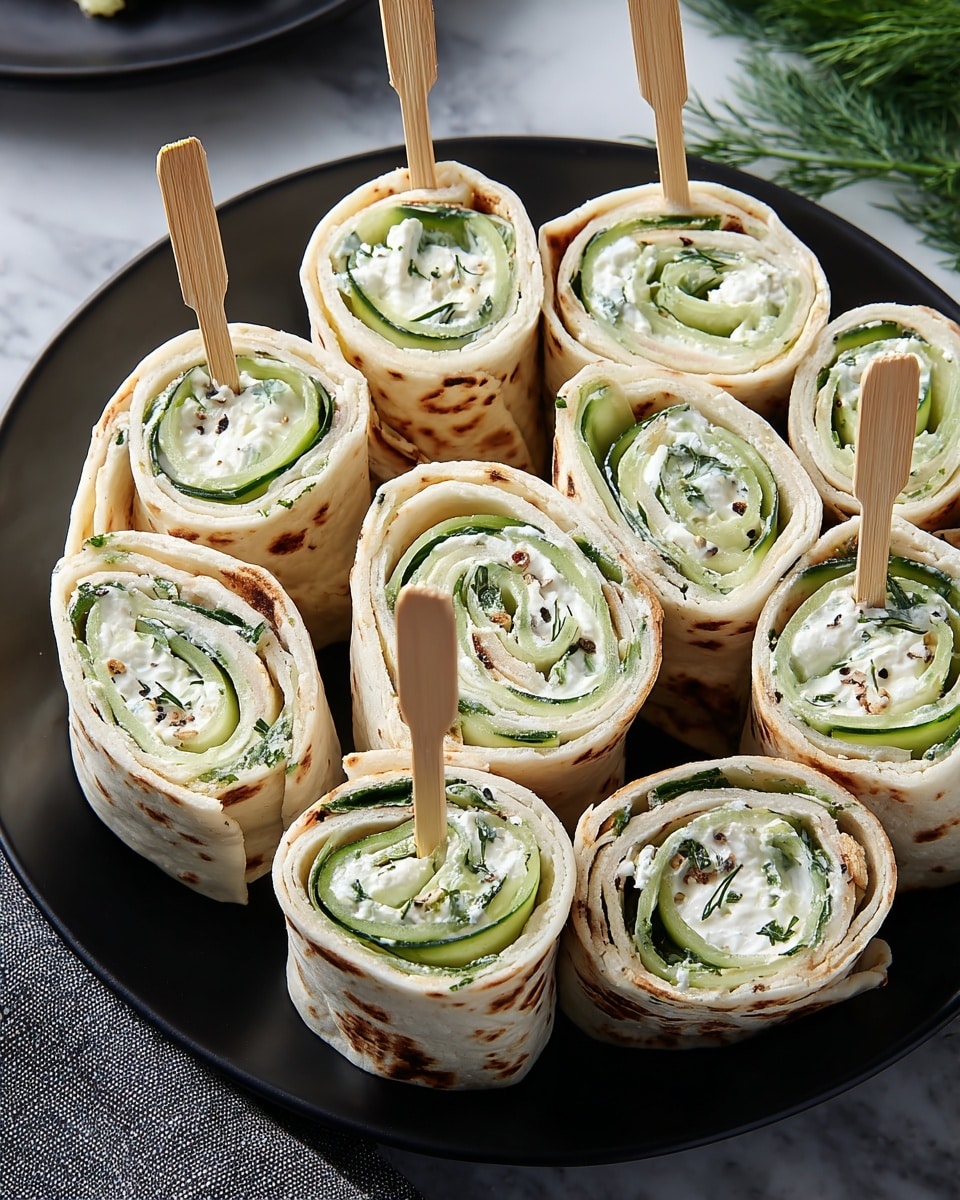 The image shows seven small wrap rolls placed in a circle on a white plate. Each wrap has two visible layers: the outer light brown flatbread with slight char marks, and a filling of white creamy spread mixed with green herbs, with slices of light green cucumber in the center. The wraps are held upright with wooden sticks, showing the cross-section of each roll. Fresh dill sprigs are placed in the middle of the circle as decoration. The surface beneath the plate has a white marbled texture. photo taken with an iphone --ar 4:5 --v 7