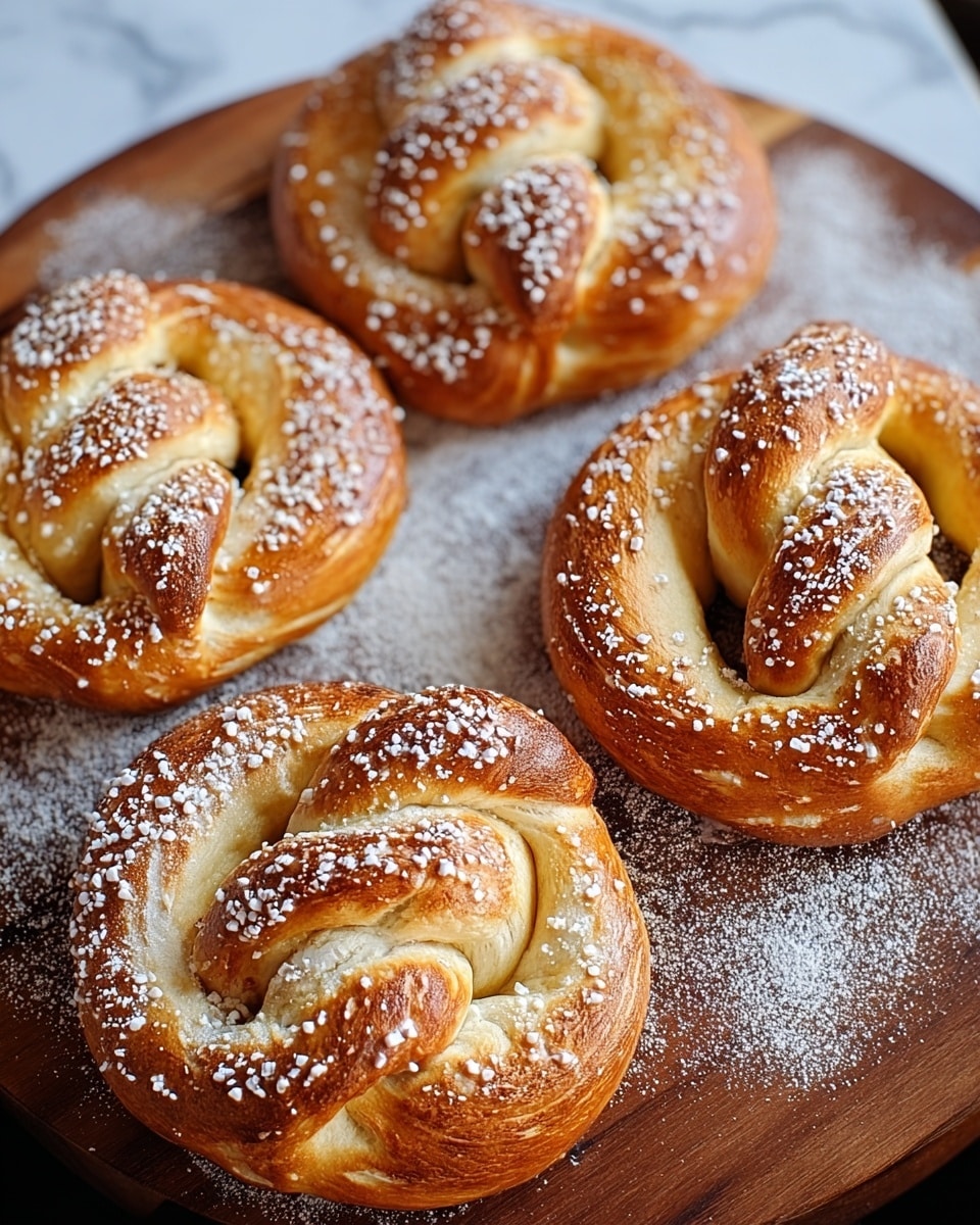 The image shows four golden-brown soft pretzels placed on a wooden board dusted with white flour. Each pretzel has a thick, twisted shape with a shiny, slightly cracked crust, sprinkled generously with coarse salt or sugar crystals that add texture and visual contrast. The pretzels have a puffed, airy look with some parts lighter in color where the dough has risen and baked to a soft finish. The background is a white marbled texture that makes the warm tones of the pretzels stand out clearly. photo taken with an iphone --ar 4:5 --v 7