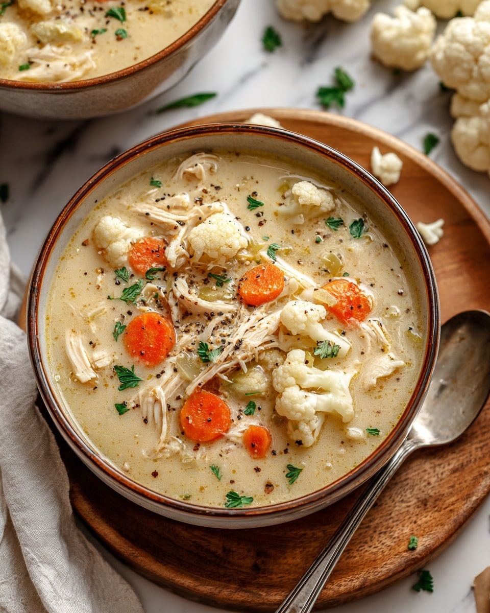 A bowl of creamy chicken soup filled with layers of shredded chicken, small white cauliflower florets, and bright orange carrot slices. The soup broth is light beige with a smooth, slightly thick texture, speckled with black pepper and small green parsley leaves scattered on top. The soup is served in a rustic bowl with a brown rim, placed on a round wooden board, surrounded by a silver spoon and a white cloth napkin. The background is a white marbled surface with another bowl of soup and some cauliflower pieces nearby. photo taken with an iphone --ar 4:5 --v 7