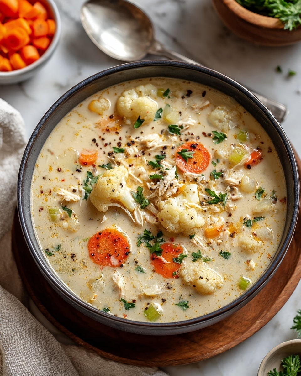 A dark bowl filled with creamy soup that has chunks of white cauliflower florets and small orange carrot slices floating in it. There are pieces of shredded chicken and diced celery mixed throughout. The soup is garnished with chopped green parsley and cracked black pepper on top. The bowl sits on a wooden board, placed on a white marbled surface, with a silver spoon nearby. A small white bowl with sliced carrots and cauliflower pieces is partially visible in the background, along with a wooden bowl of fresh greens on a light cloth. photo taken with an iphone --ar 4:5 --v 7