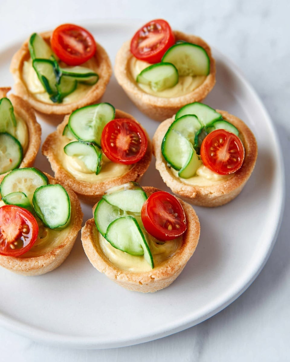 The image shows small tartlets arranged on a white plate with a smooth edge, set on a white marbled surface. Each tartlet has three visible layers: the base is a light golden-brown baked shell with a slightly rough texture, the middle layer is a creamy, pale yellow spread filled inside the shell, and the top layer consists of fresh green cucumber slices and bright red cherry tomato halves placed neatly together. The tartlets are closely grouped, and the fresh vegetable toppings add a pop of color with their smooth, shiny surfaces and crisp textures. Photo taken with an iphone --ar 4:5 --v 7