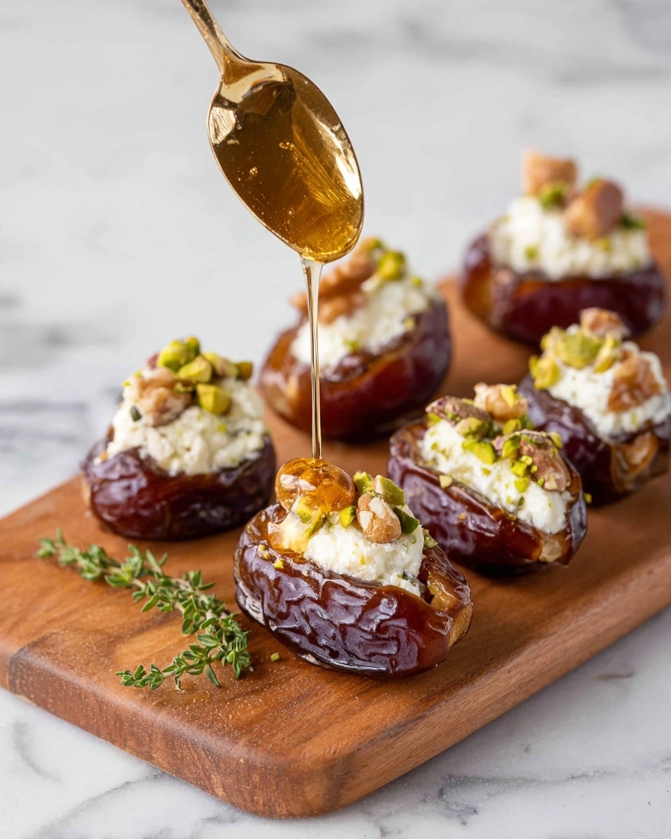 The image shows six dark reddish-brown dates, each split open and filled with a white creamy cheese layer. On top of the cheese, there are small pieces of light green pistachios and light brown nuts, likely walnuts. A golden spoon held above one of the dates is dripping a thick honey-colored liquid onto the cheese and nuts. The dates are arranged on a wooden cutting board that sits on a white marbled surface. A small sprig of fresh green herbs is visible on the side. photo taken with an iphone --ar 4:5 --v 7
