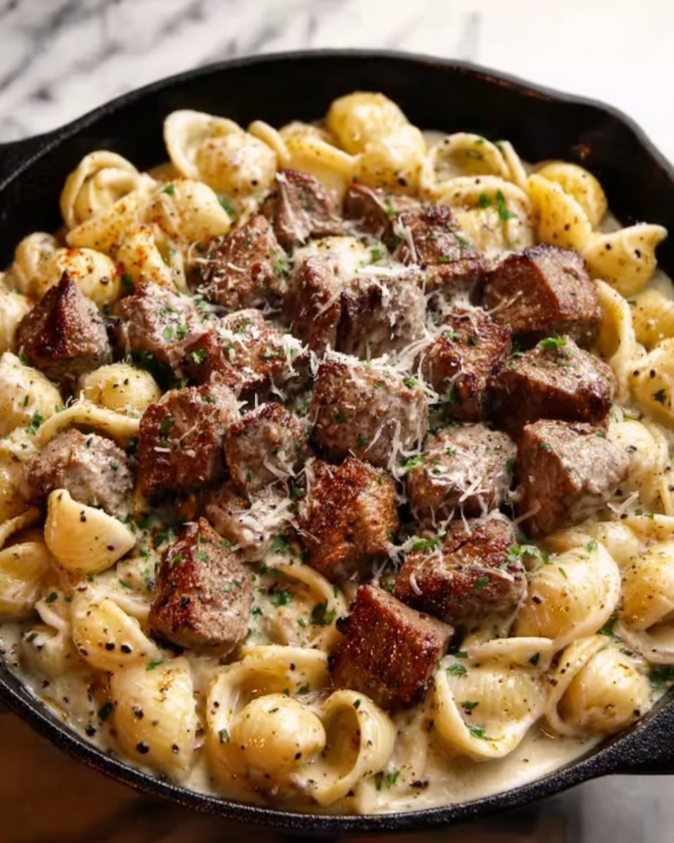 The image shows a skillet filled with creamy pasta and pieces of grilled beef. The bottom layer has shell-shaped pasta that is light yellow and covered in a smooth white sauce with specks of black pepper and green herbs sprinkled on top. On top of the pasta, there are many chunks of browned grilled beef, which look juicy and slightly crispy on the edges. There is a light dusting of grated cheese scattered over the whole dish, adding texture and a hint of white. The skillet sits on a white marbled surface. photo taken with an iphone --ar 4:5 --v 7