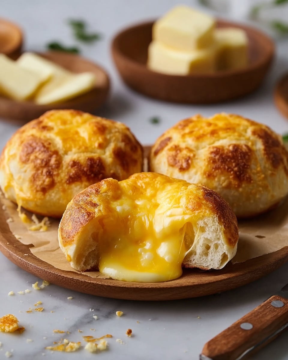 Three golden brown baked cheese breads sit on a round white plate. One bread is whole and placed at the back, while the other two breads are in front. One of these front breads is broken open, revealing a thick, creamy, bright yellow melted cheese inside that is oozing out slightly. The breads have a soft, slightly bumpy texture with a toasted top. A knife and small wooden dishes with butter pieces are blurred in the background on a white marbled surface. Some white cheese crumbs are scattered around the plate. Photo taken with an iphone --ar 4:5 --v 7