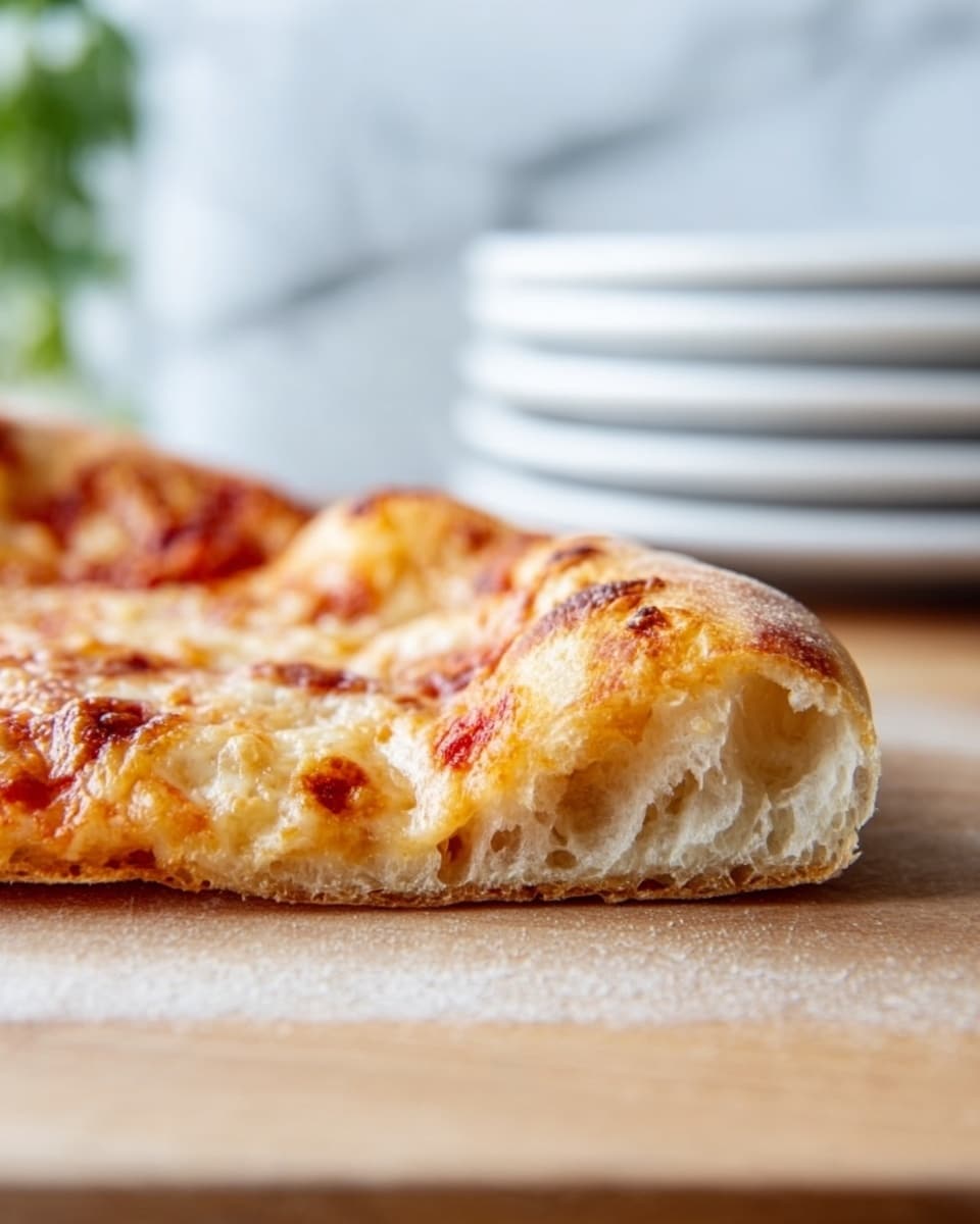 A close-up of a cheese pizza showing one half on a wooden board placed on a white marbled surface with small scattered flour bits. The pizza has two main layers: a thick, golden-brown crust that is puffy with some crisp darker spots, and a melted cheese layer inside that is creamy white with patches of browned, bubbly cheese and light orange hints of sauce underneath. The cheese layer is smooth and slightly shiny with a few browned spots spread evenly on top. photo taken with an iphone --ar 4:5 --v 7