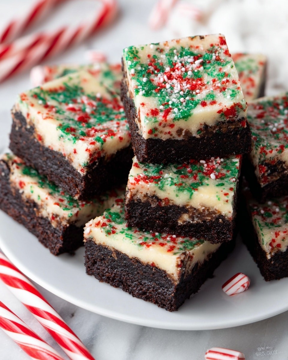 This image shows several square brownies stacked on a white plate with a white marbled background. Each brownie has two layers: a bottom dark brown, rich chocolate layer with a dense and fudgy texture, and a top creamy white cheesecake layer covered with red, green, and white sprinkles that add a festive look. The brownies are cut cleanly, and some red-and-white striped candy canes and peppermint candies lie around the plate, adding to the holiday theme. Photo taken with an iphone --ar 4:5 --v 7