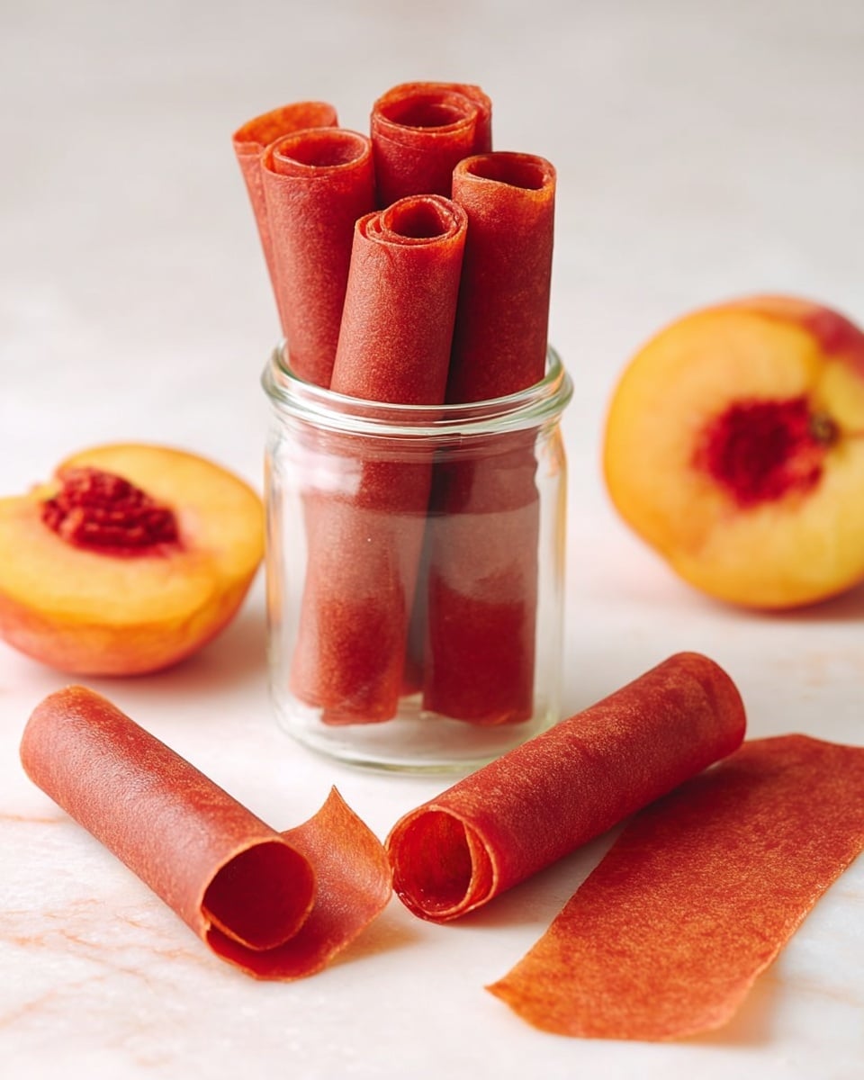The image shows several rolled fruit leather strips with a smooth, slightly glossy texture and deep reddish-orange color. Five rolled strips are stacked vertically inside a clear glass jar placed in the center, with two more rolls lying flat on a white marbled surface in front of the jar. One fruit leather strip is partially unrolled, showing a thin, flexible texture with a lighter beige backing. In the background, there is a halved peach with rich orange and yellow tones, adding a fresh and natural touch to the setting. The scene is bright with soft natural light, highlighting the details and colors of the fruit leather and peach. Photo taken with an iphone --ar 4:5 --v 7