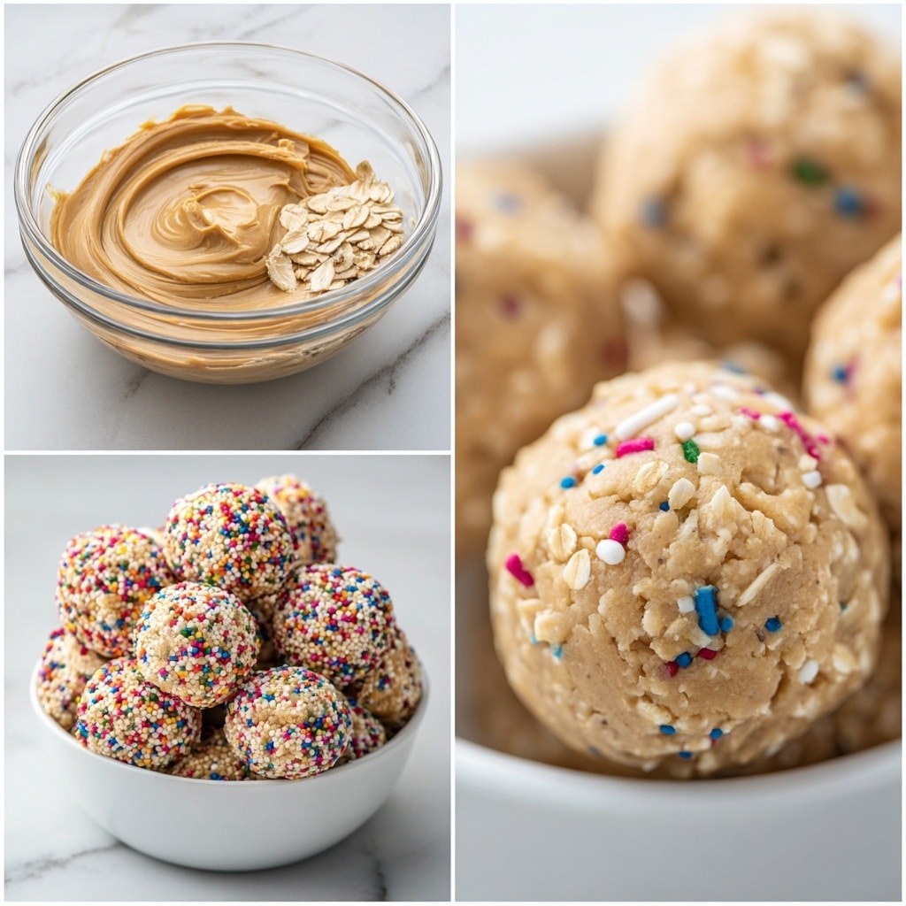 A clear glass bowl on a white marbled surface shows three separate layers inside: smooth, creamy light brown peanut butter on the left, pale beige rolled oats filling the top right half, and bright, colorful rainbow sprinkles filling the bottom right corner. Below that, there is a close-up of small round no bake cake batter protein balls in a white bowl, each ball light tan with small red, blue, and green sprinkles mixed in, giving the bite-sized treats a fun, speckled look. photo taken with an iphone --ar 4:5 --v 7