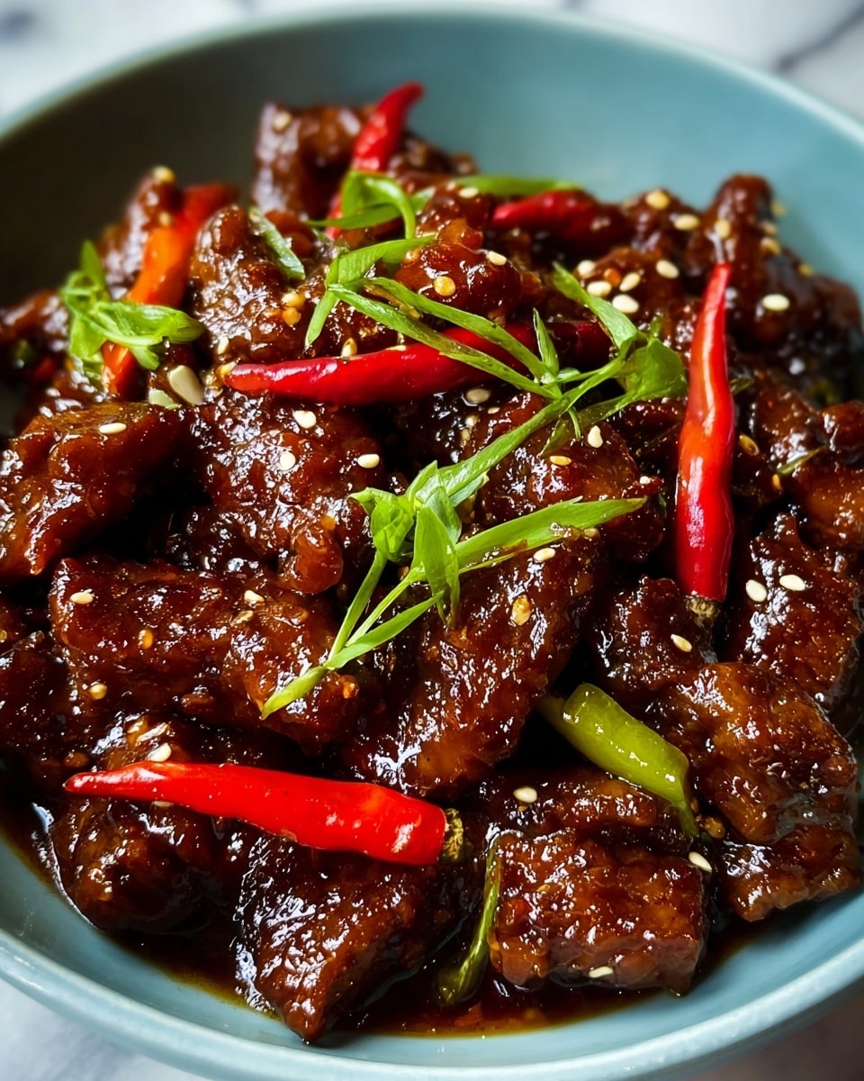 A close-up of a dish filled with dark brown, glossy pieces of meat coated in a thick sauce, mixed with bright red and green chili peppers scattered throughout. The meat pieces are uneven in shape and look tender and juicy, with a shiny texture that catches light. Small white sesame seeds are sprinkled on top, along with sprigs of fresh green herbs for garnish. All the food is served in a white bowl, sitting on a white marbled surface. Photo taken with an iphone --ar 4:5 --v 7