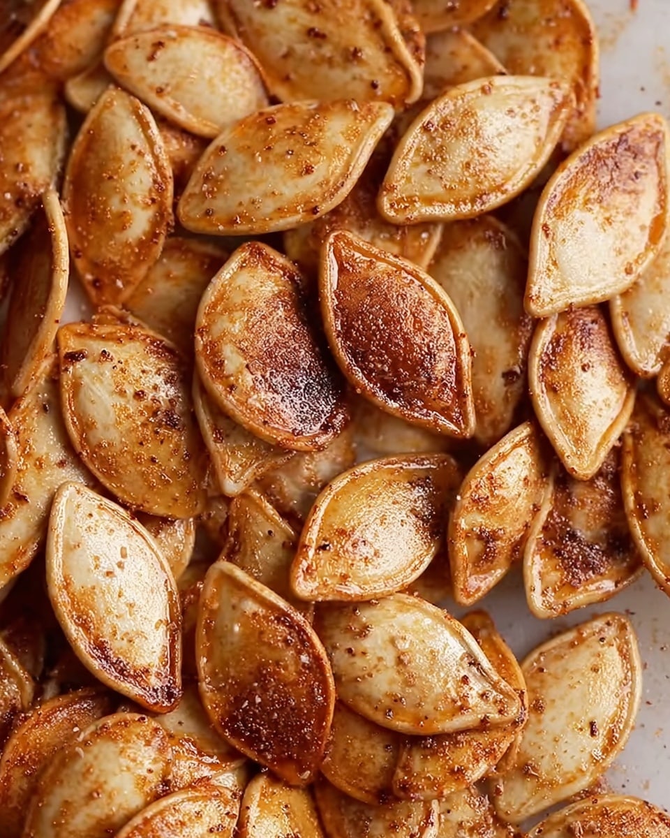 The image shows a close-up of many roasted pumpkin seeds that are golden brown with crispy, slightly charred edges. Each seed has a thin, slightly wrinkled texture with a shiny coat of oil and specks of seasoning visible on their surface. The seeds are piled together against a white marbled texture background, highlighting their warm colors and crunchy look. photo taken with an iphone --ar 4:5 --v 7