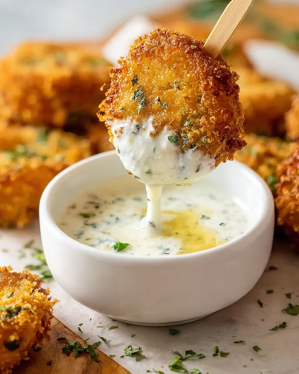 A close-up view shows a crispy, golden brown fried round piece on a wooden stick being dipped into a white bowl filled with creamy, herb-speckled white sauce. The fried piece has a crunchy texture with small green herb spots and is partly covered in the thick sauce dripping down. The white bowl sits on a white marbled surface scattered with small green herb pieces, with other fried rounds blurred in the background. The scene is warm and inviting, emphasizing the contrast between the crispy fried food and the smooth creamy dip. photo taken with an iphone --ar 4:5 --v 7