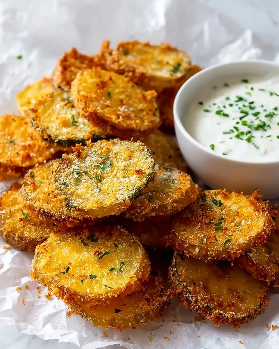 The image shows a close-up of many crispy fried potato rounds stacked together, each about one layer thick with a golden-brown crunchy coating sprinkled with small green herb bits. The potato slices have a rough textured crust and a soft, lighter center visible on some pieces. On the right side, there is a white bowl filled with a creamy white dip topped with chopped green herbs. The potatoes and bowl are placed on crumpled white paper, all set against a white marbled textured surface. photo taken with an iphone --ar 4:5 --v 7
