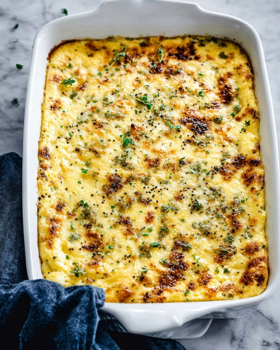 A white rectangular dish filled with a baked casserole showing a golden-yellow top layer speckled with small brown toasted spots and green herb bits, giving it a slightly rough texture. The cheesy surface appears slightly bubbly and creamy, with scattered small green leaves and cracked black pepper adding a fresh and spicy look. The dish rests on a white marbled surface with a dark blue cloth partially wrapped around one handle. Photo taken with an iphone --ar 4:5 --v 7
