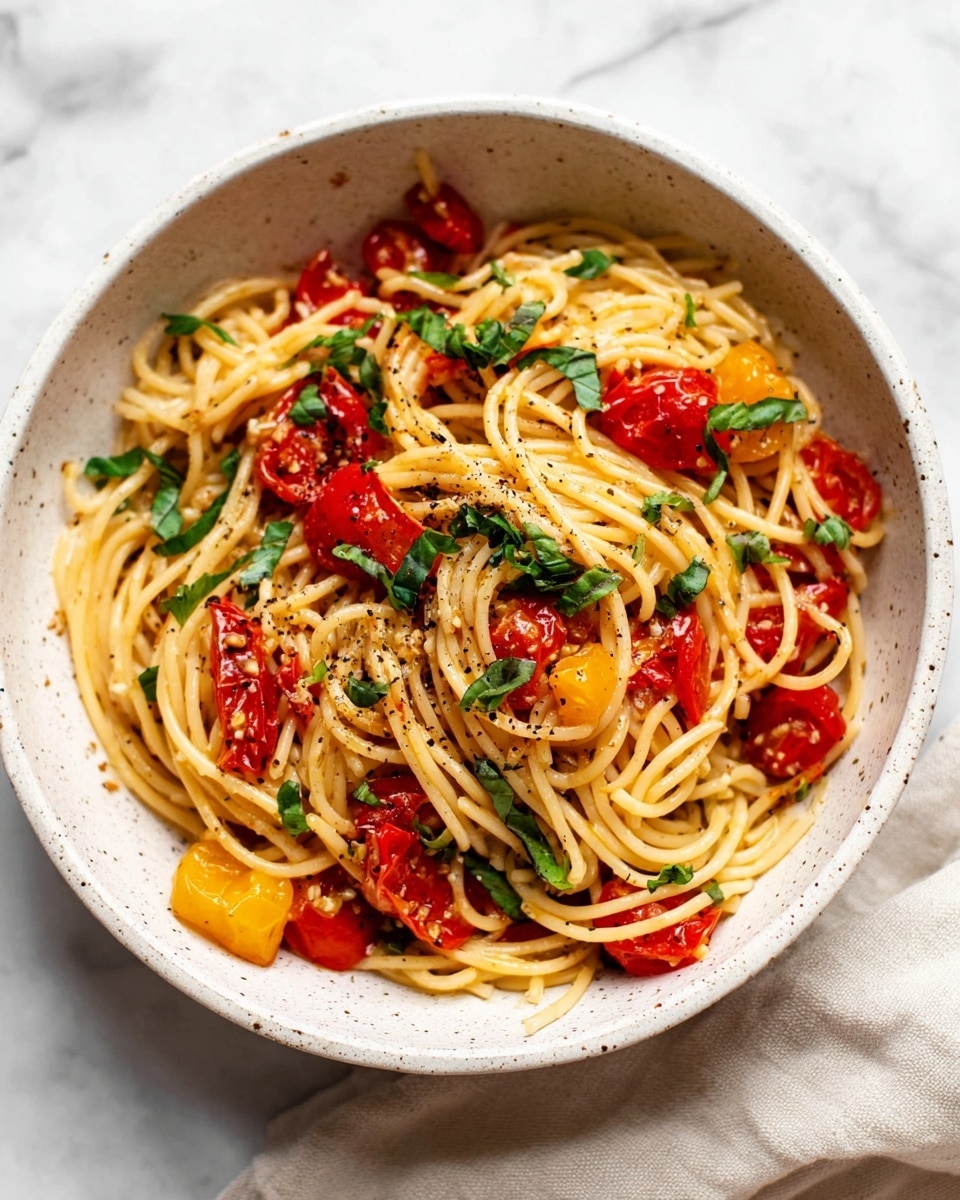 A white bowl filled with spaghetti pasta mixed with bright red cherry tomato pieces and fresh green basil leaves scattered on top, showing a light sauce coating the noodles with a glossy texture, and the dish sits on a white marbled surface. photo taken with an iphone --ar 4:5 --v 7