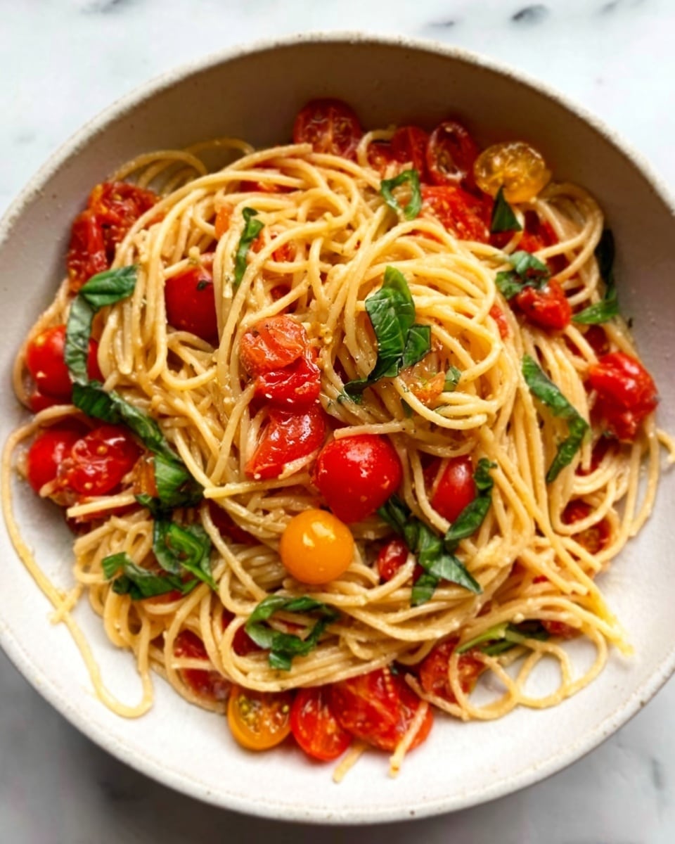 A white speckled bowl filled with spaghetti pasta shows an even mix of long, twisted pale-yellow noodles scattered throughout with bright red and yellow tomato pieces, both chopped fresh and slightly roasted, adding pops of color. Fresh green basil leaves are sprinkled on top and mixed in, giving vibrant contrast. The texture looks moist with a light sauce coating the noodles, tempered by black pepper specks spread evenly. The bowl rests on a white marbled surface with a light beige cloth just visible under one side. photo taken with an iphone --ar 4:5 --v 7