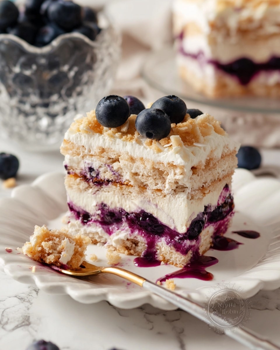 A piece of layered cake on a white scalloped plate shows four visible layers, starting with a light beige crumbly base, followed by a thick layer of purple jam mixed with creamy white filling, then another beige crumb layer, and topped with a thick white creamy layer. On top, three large dark blueberries and some light crumbly bits are placed, with purple jam drizzled around them. A gold spoon with a bite of cake rests on the plate near the front. In the background, there is a glass bowl filled with blueberries, all set against a white marbled surface. Photo taken with an iphone --ar 4:5 --v 7
