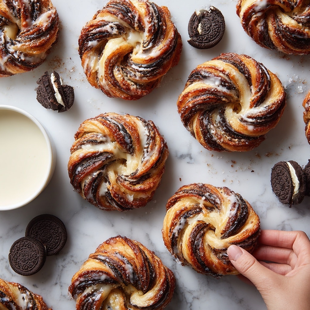 A close-up of a torn pastry with flaky, golden-brown layers visible on the edges and a thick dark chocolate or cookie crumb filling inside, topped with a light drizzle of white icing. Around the pastry on a white marbled surface are scattered crumbs and broken pieces of dark chocolate sandwich cookies with white cream filling. The textures are a mix of flaky, crumbly, and creamy elements, showing richness and detail in the layers and filling. photo taken with an iphone --ar 4:5 --v 7