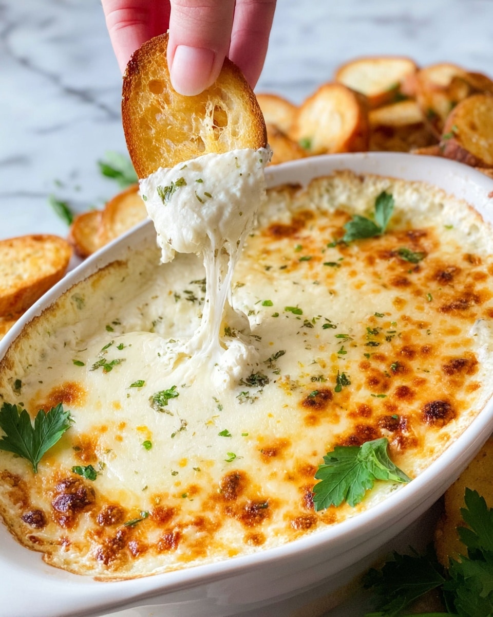 The image shows a white oval dish filled with a creamy, melted smoked mozzarella fonduta that is slightly browned on top with small golden spots and specks of green herbs scattered throughout. A woman's hand is lifting a toasted bread slice covered in gooey, stretchy cheese from the dish. There is a fresh green parsley sprig placed near the edge of the dish and the surface beneath is a white marbled texture. photo taken with an iphone --ar 4:5 --v 7