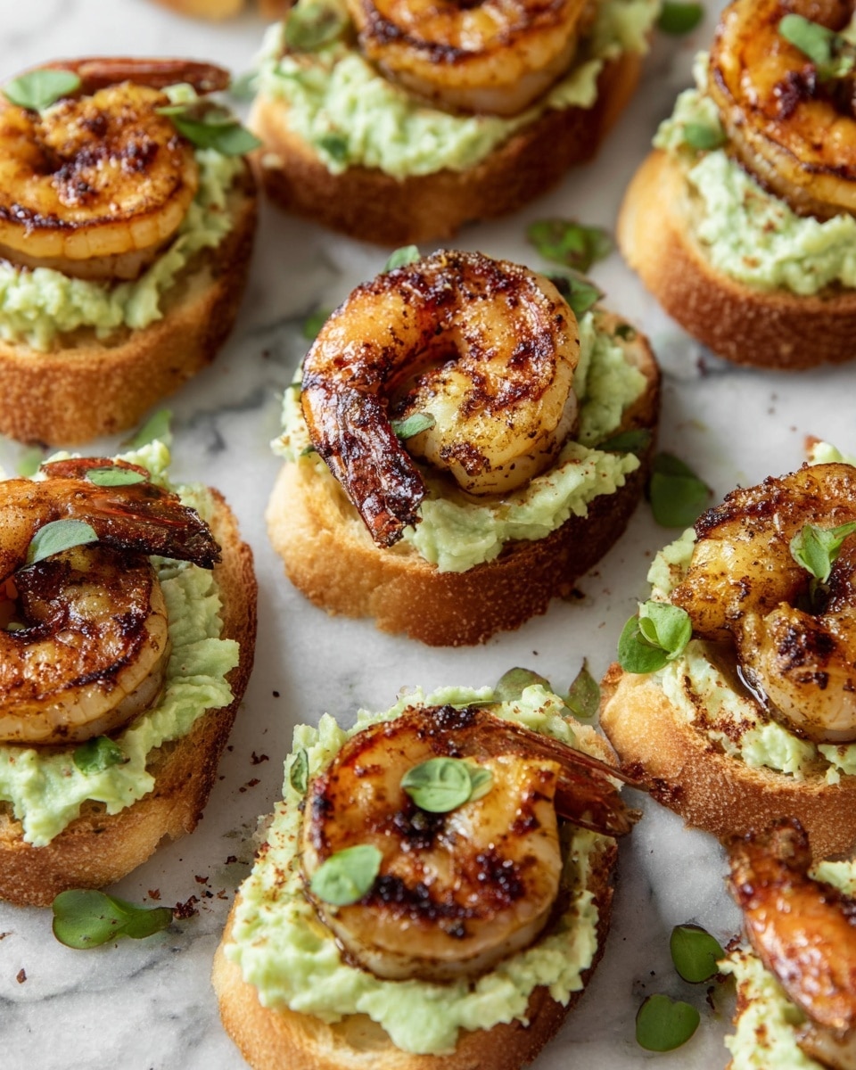 Several small pieces of toasted bread form the base layer, each topped with a creamy, pale green spread that looks soft and slightly chunky. On top of this layer sits a single grilled shrimp per piece, showing a golden orange color with dark char marks and a slightly glossy texture. Small green leaves are scattered around the toasts. The background is a white marbled texture. photo taken with an iphone --ar 4:5 --v 7