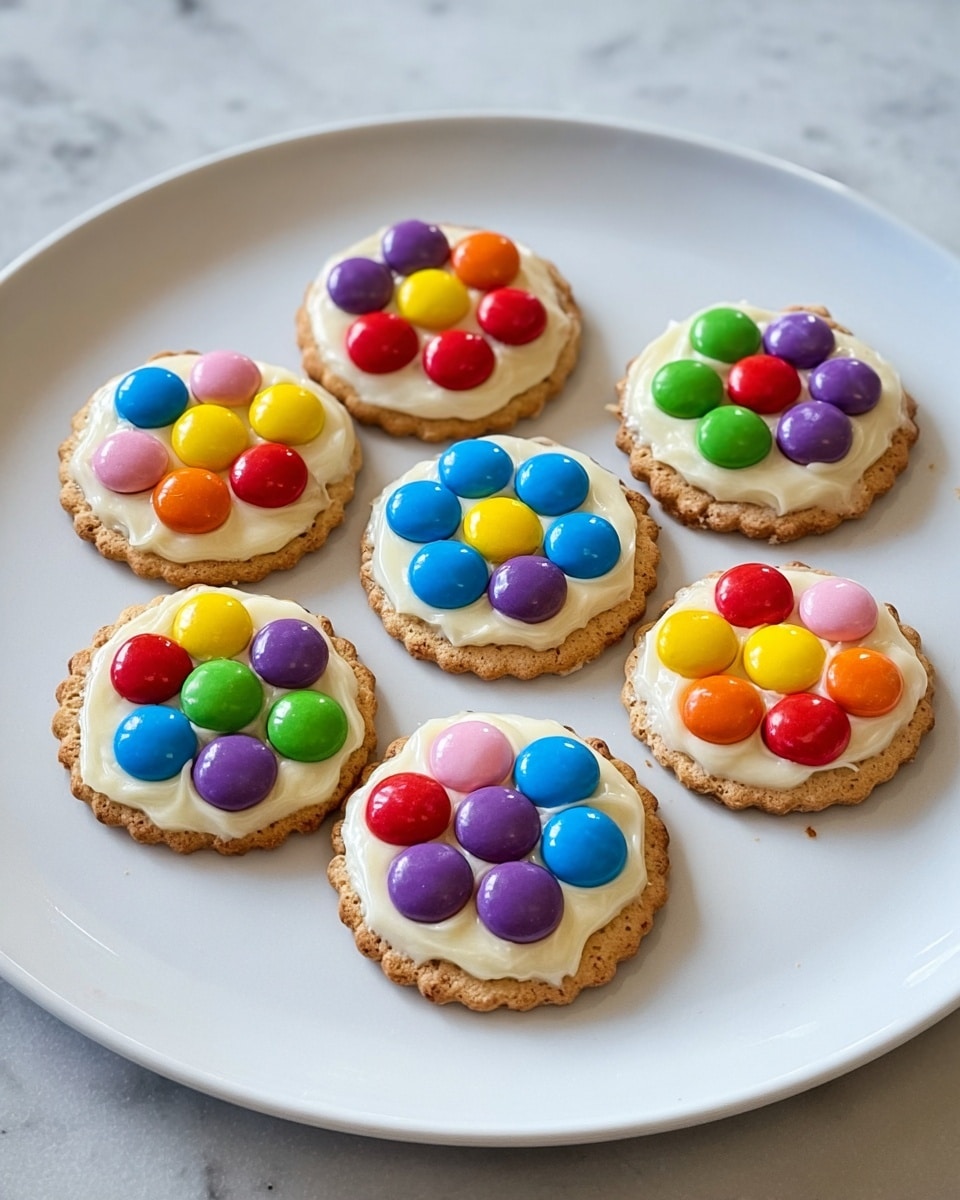 A white plate sits on a white marbled surface, holding nine round crackers arranged loosely. Each cracker is covered with a layer of shiny frosting in a creamy color, topped with colorful candy pieces placed in a flower-like pattern. The candies are in bright colors: red, yellow, blue, green, purple, orange, and pink, with each cracker showing a different mix of colors arranged in a circle. The candies appear smooth and glossy, creating a playful and vibrant look. The crackers have a light brown, slightly rough texture around the edges, contrasting with the smooth candies on top. Photo taken with an iphone --ar 4:5 --v 7
