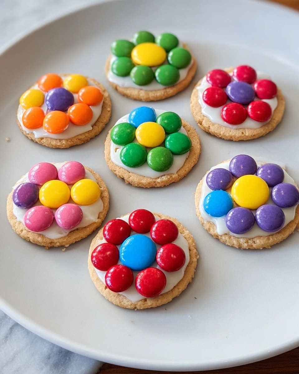 The image shows a white plate on a white marbled surface with nine round crackers. Each cracker is decorated with a layer of smooth white icing topped with colorful candy pieces arranged in flower-like patterns. The candies are vibrant and glossy, with colors including red, yellow, green, blue, purple, pink, and orange. Each cracker has two layers: the base cracker and the icing with candies on top. The overall look is bright and playful, with a clear focus on the colorful candy flowers. Photo taken with an iphone --ar 4:5 --v 7