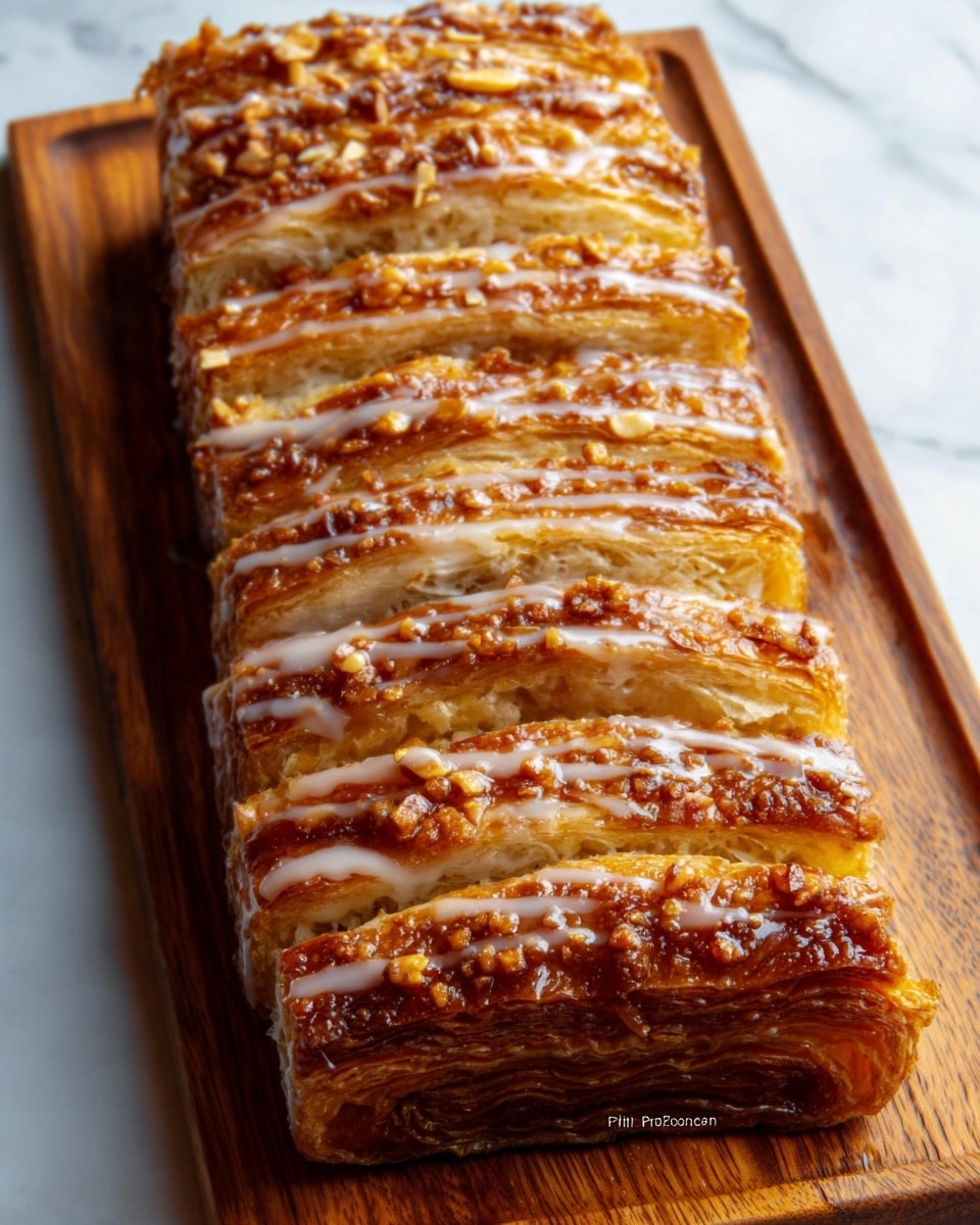 A rectangular pastry with a flaky, golden-brown crust is shown, sliced into even pieces from top to bottom. The top layer has a crunchy, caramelized texture with small almond bits. A light, glossy glaze is drizzled over the sliced pastry, adding a shiny look. The pastry sits on a smooth wooden board with a white marbled background. Photo taken with an iphone --ar 4:5 --v 7