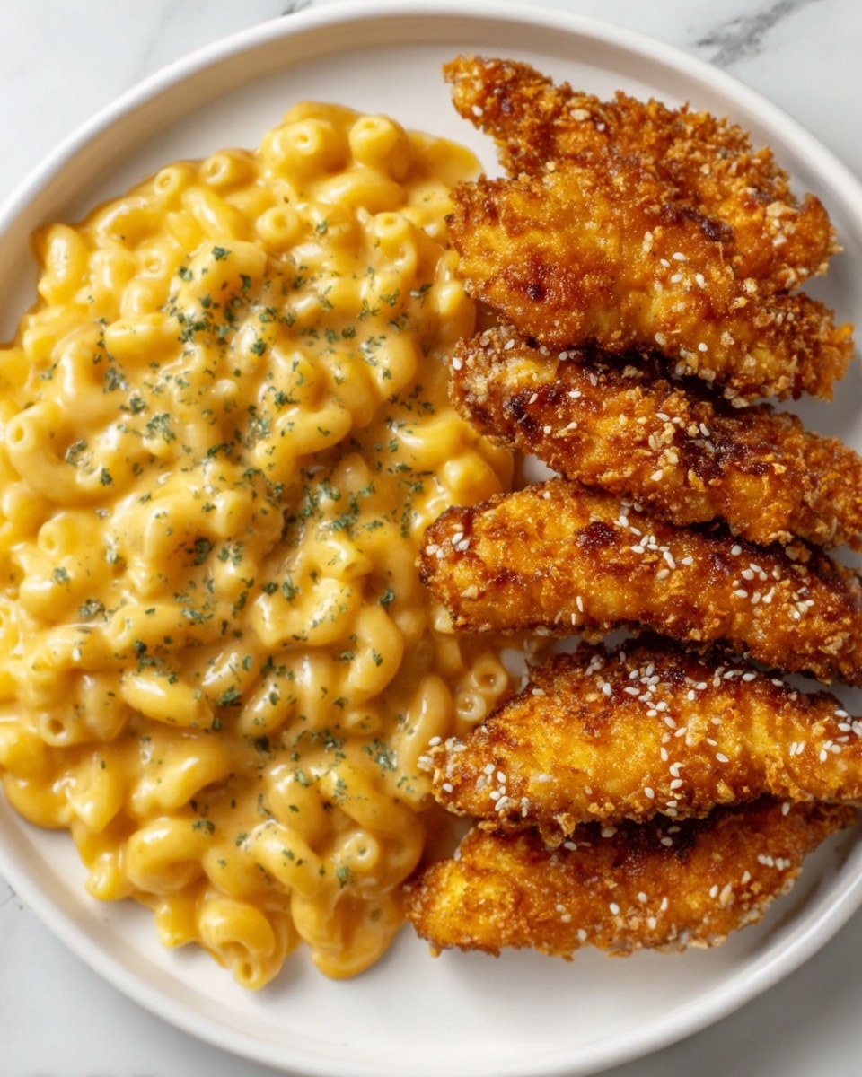 The image shows a white round plate on a white marbled surface, with two main layers of food. On the left side, there is a creamy macaroni and cheese layer, with small pasta pieces coated in smooth, yellow-orange cheese sauce, topped with small green herb bits. On the right side, five golden-brown crispy chicken strips are stacked slightly overlapping, with a crunchy texture visible and a light sprinkle of white sesame seeds on top. The overall look is warm and inviting, with a nice contrast between the soft macaroni and the crispy chicken strips. Photo taken with an iphone --ar 4:5 --v 7