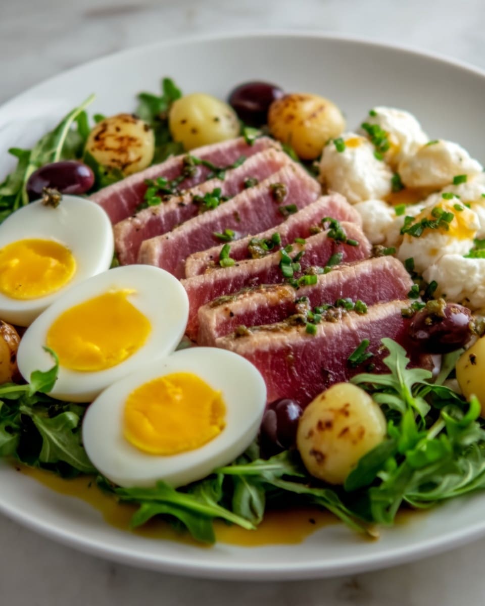 A white plate with several slices of seared tuna arranged in a neat row at the center, each slice showing a pink and tender inside with a slightly browned outside, sprinkled with green herbs. Around the tuna are halved boiled eggs with soft yellow yolks, golden roasted potatoes, dark purple olives, and fresh green arugula leaves. The dish is colorful with pink, yellow, green, and purple, all placed on a bed of green leaves. The background has a white marbled texture. Photo taken with an iphone --ar 4:5 --v 7
