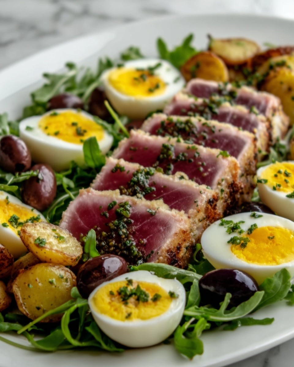 A white plate on a white marbled surface holds a visually appealing dish with four layers. The bottom layer is a bed of green leafy arugula. Above it, there are two halves of soft-boiled eggs with bright yellow yolks and smooth white edges. The next layer features a neatly arranged row of sliced pink seared tuna with green herbs sprinkled on top. Scattered dark purple olives and a glossy golden yellow sauce drizzled over small potato pieces complete the composition. Photo taken with an iphone --ar 4:5 --v 7