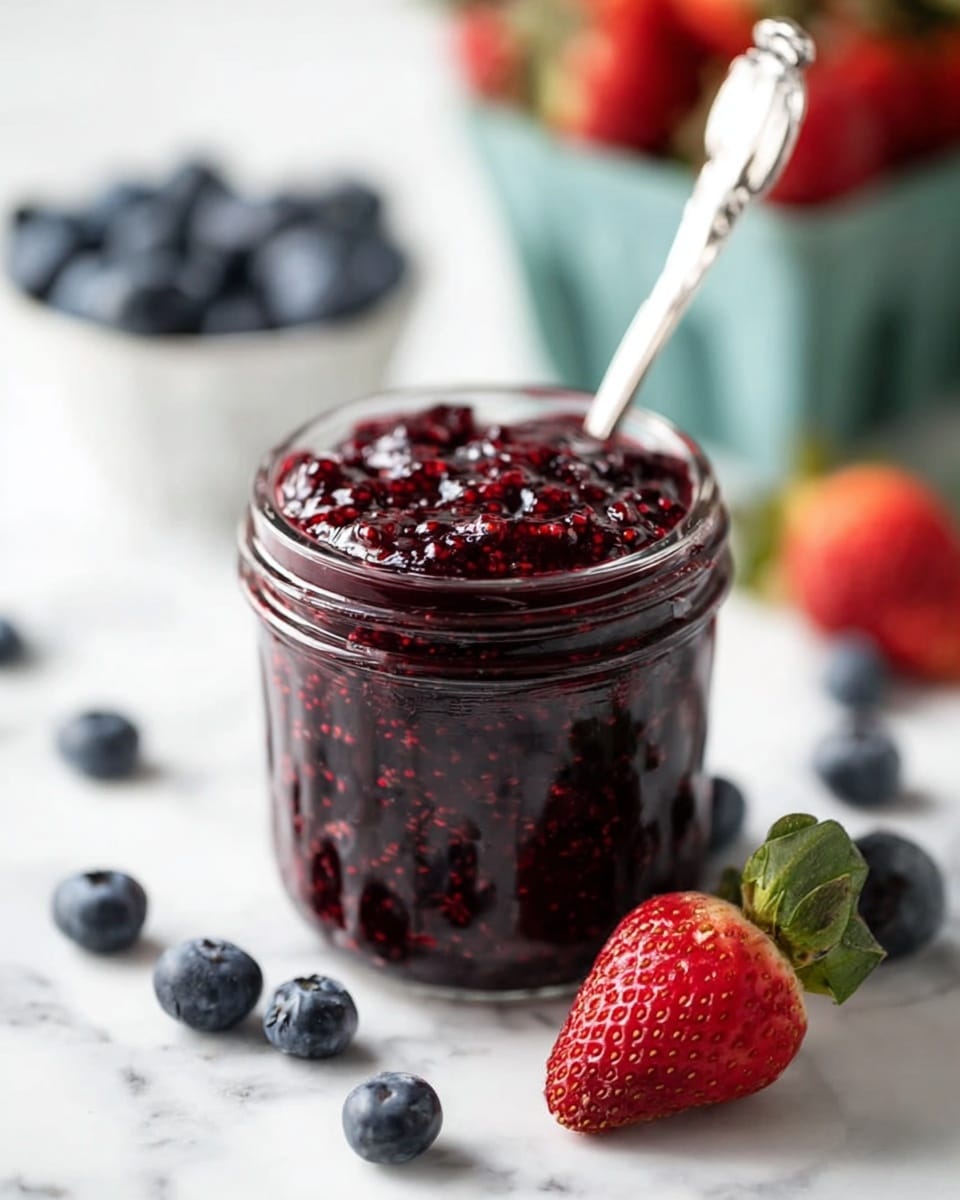 A small glass jar filled with thick, dark red berry jam that has a chunky texture with visible small seeds, a silver spoon stands inside the jar. Around the jar, there are several fresh blueberries scattered on a white marbled surface, and a bright red strawberry with green leaves is placed nearby. In the blurred background, there are containers filled with strawberries and blueberries. The overall setting is clean and bright. photo taken with an iphone --ar 4:5 --v 7