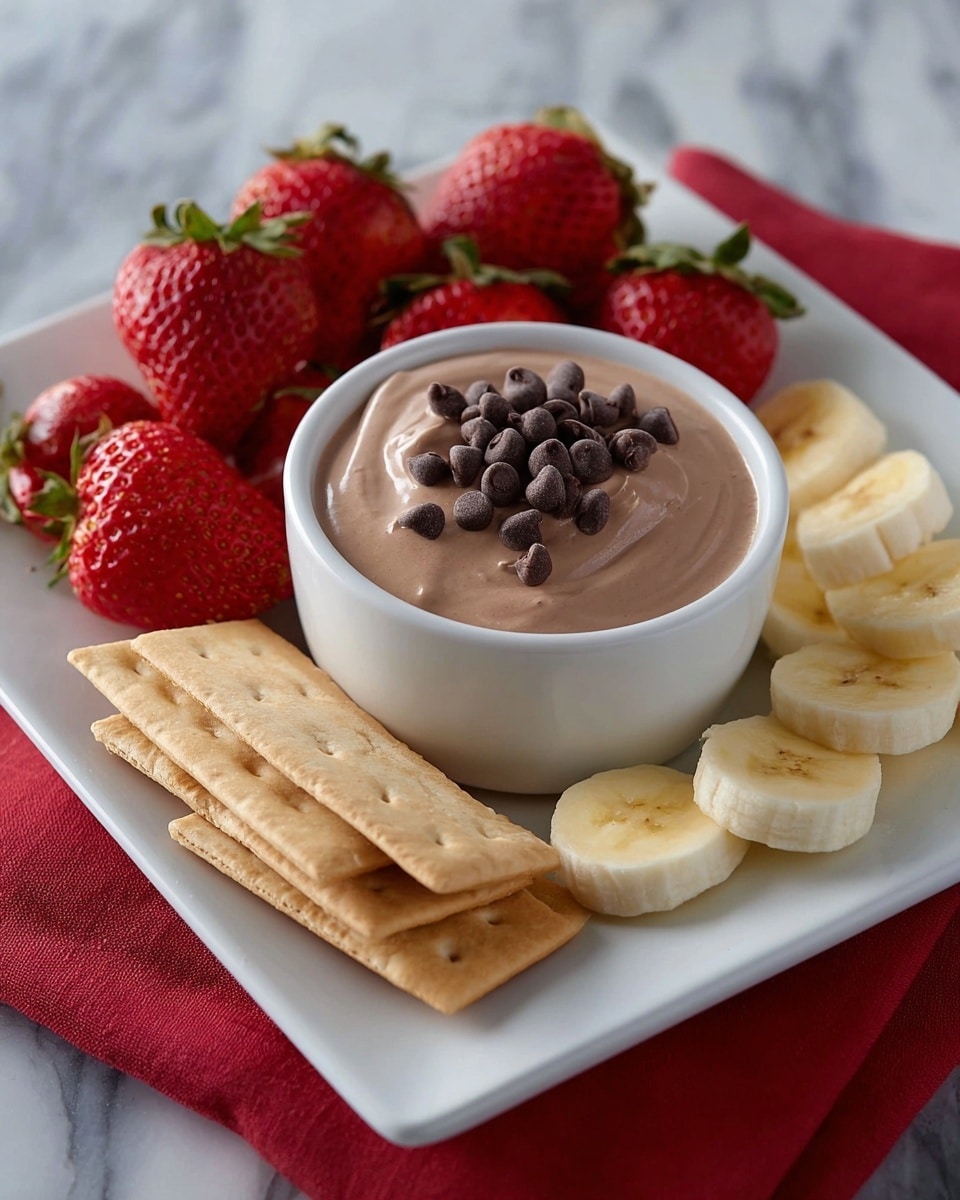 The image shows a white rectangular plate with three main groups of food arranged around a small white bowl in the center. The bowl holds light brown, smooth chocolate mousse topped with a small pile of dark chocolate chips. To the left of the bowl, there are several bright red strawberries with green leaves, placed in a cluster. At the bottom left corner of the plate, there are six rectangular beige crackers stacked in two layers. On the right side of the bowl, there is a neat row of thin banana slices, light yellow with a creamy texture. The plate sits on a red cloth, and the background has a white marbled texture. Photo taken with an iphone --ar 4:5 --v 7