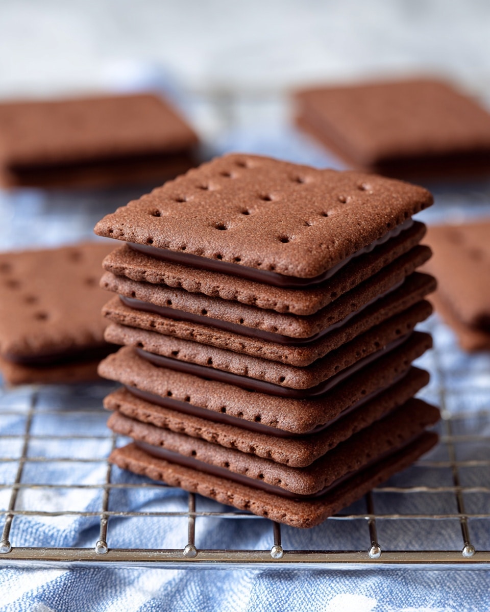 A stack of four square chocolate brownies, each with small holes on the surface, neatly layered on top of each other. Each brownie layer is deep brown and textured, with white chocolate drizzle going vertically down the sides and laid in thin stripes across the top brownie. In the background, more brownies with the same pattern are placed blurred on a wire rack and white marbled surface, with a grey cloth partially visible on the left side. The photo taken with an iphone --ar 4:5 --v 7