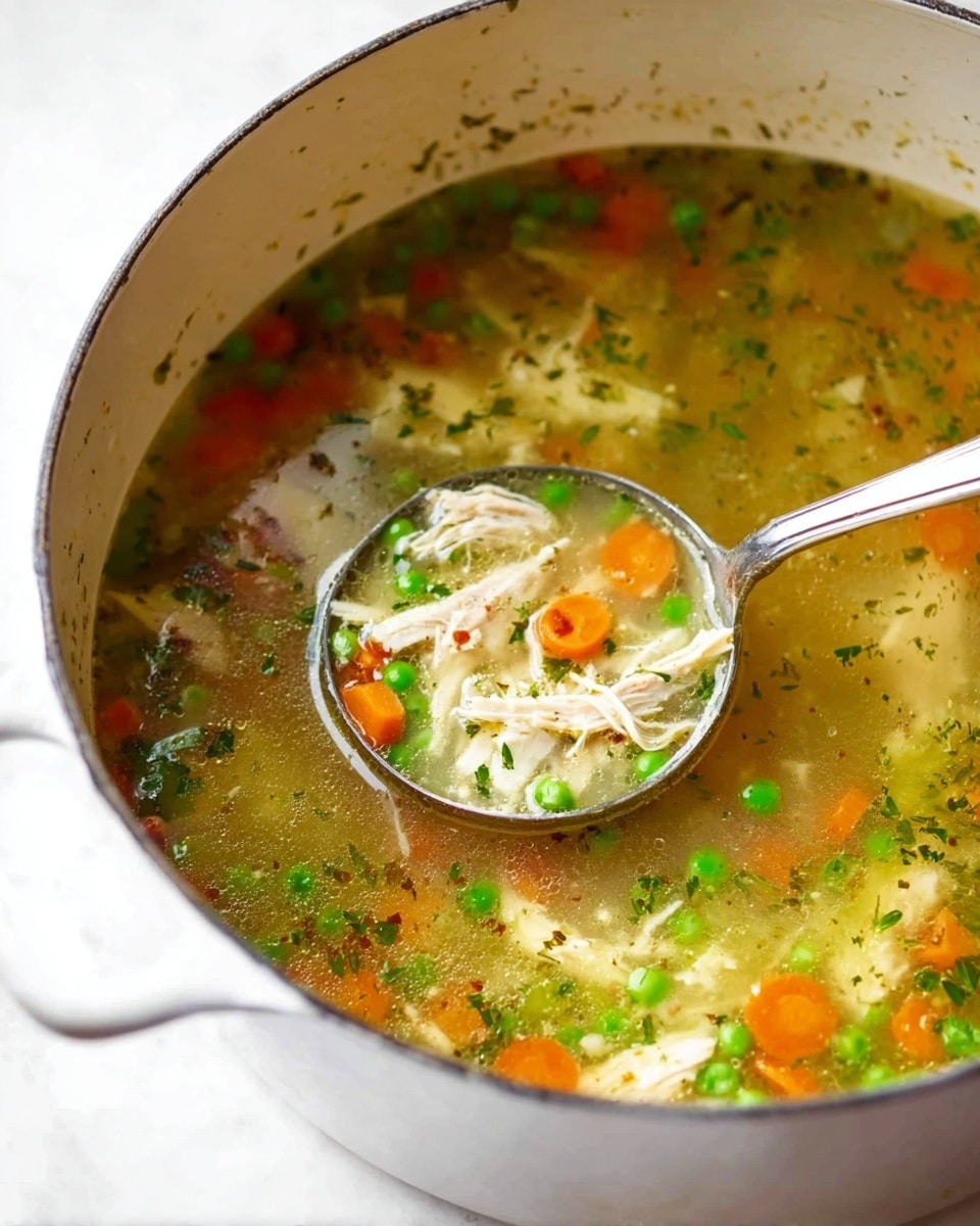 A white pot filled with chicken soup shows a clear yellow broth layered with small bright green peas, thinly sliced round orange carrots, and shredded light beige chicken pieces mixed with finely chopped translucent onions and celery. The soup's surface has small green herb flakes scattered evenly throughout. A metal ladle is partially inside the pot, lifting a mix of broth, peas, carrots, onions, celery, and chicken. The pot is placed on a white marbled surface. photo taken with an iphone --ar 4:5 --v 7