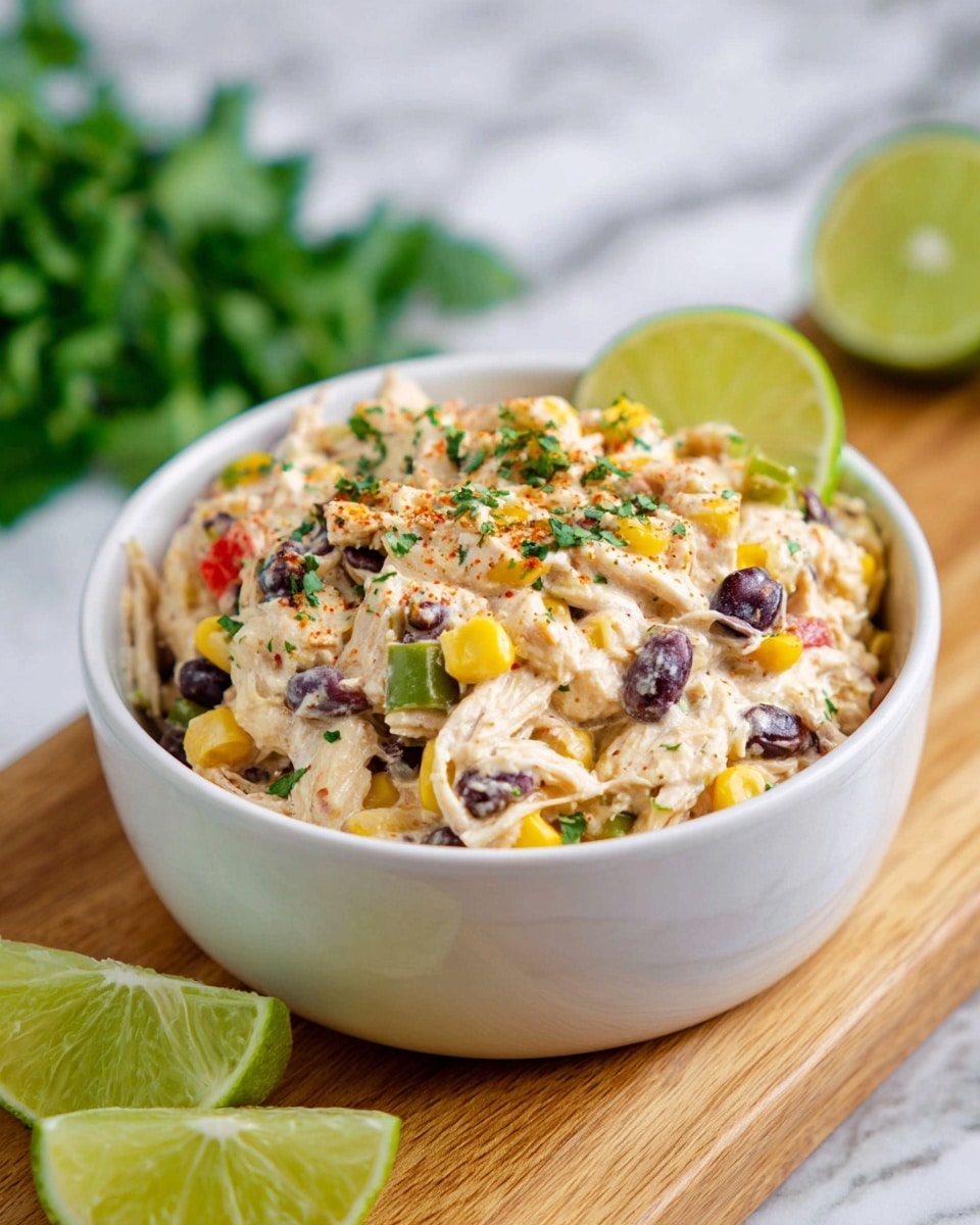 A white bowl filled with a creamy salad made of shredded white chicken, yellow corn kernels, black beans, small diced green bell pepper, and bits of red bell pepper all mixed together, topped with sprinkled chopped green cilantro and a light dusting of red chili powder. A bright green lime wedge rests on the side inside the bowl. The bowl sits on a wooden board with lime wedges in front and blurred green herbs in the white marbled texture background. Photo taken with an iphone --ar 4:5 --v 7