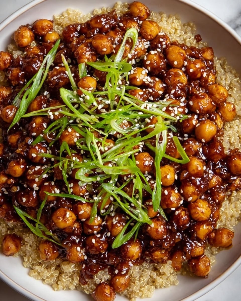The image shows a white plate filled with a base layer of cooked quinoa, light beige and grainy in texture, topped with a thick layer of glossy, dark brown chickpeas coated in a sticky sauce. On top of the chickpeas are thinly sliced fresh green onions scattered evenly, along with small white sesame seeds sprinkled to add texture and contrast. The dish sits on a white marbled surface. photo taken with an iphone --ar 4:5 --v 7