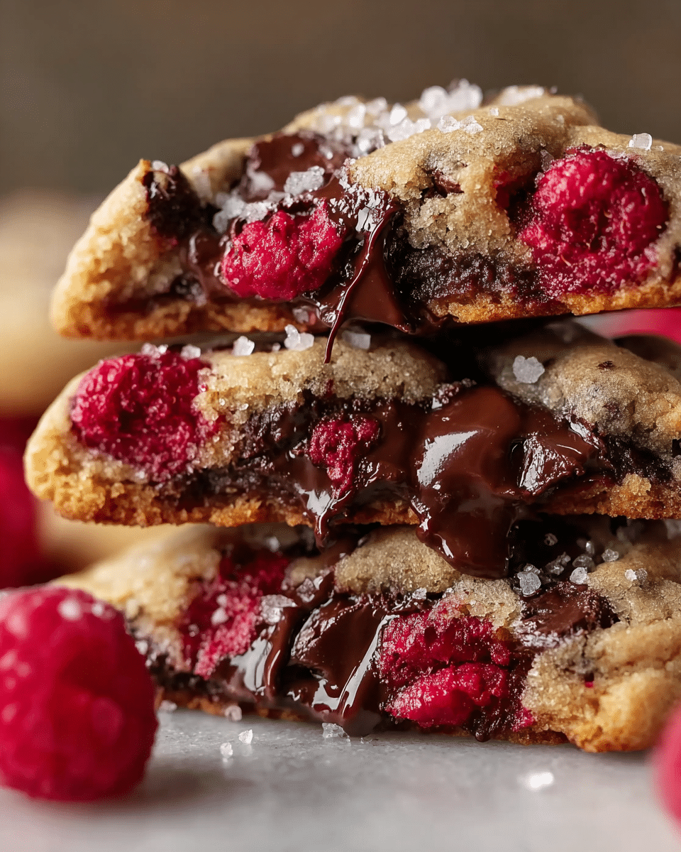 A close-up view of a stack of three soft cookies with visible layers. Each cookie has a light golden-brown dough base with dark melted chocolate chunks oozing and dripping between the layers. Bright red raspberries are embedded inside and around the edges, adding a pop of color. Large crystals of sugar or salt sprinkle the top, giving a sparkling texture on the surface. The cookies have a chewy and moist look, stacked on top of each other against a blurred white marbled texture background. photo taken with an iphone --ar 4:5 --v 7