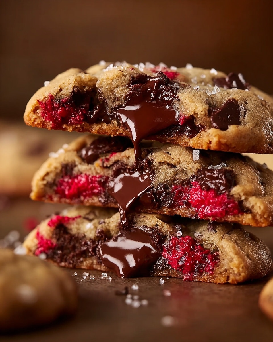 A close-up view of three chocolate chip cookies stacked on top of each other, broken to show gooey melted dark chocolate oozing from the middle, with bright red raspberry pieces embedded throughout each cookie. The cookies have a soft, golden-brown texture with sprinkled coarse sea salt on top, creating a slight sparkle. The background is blurred with a warm tone, highlighting the rich, melty chocolate and vivid raspberry bits. Photo taken with an iphone --ar 4:5 --v 7