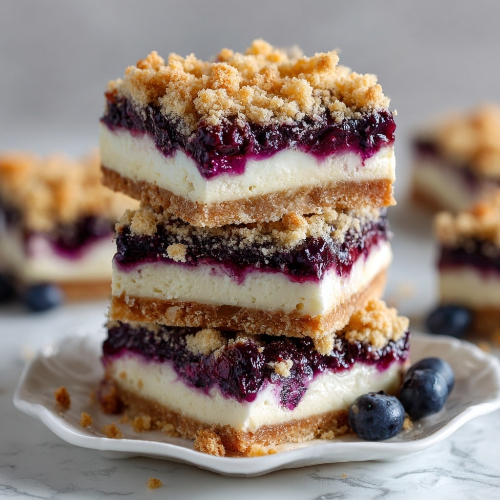 The image shows blueberry lemon crumble bars with three distinct layers. The bottom layer is a light golden crust, smooth and firm. The middle layer is creamy white lemon filling, topped by a thick shiny layer of dark purple blueberry mixture with whole blueberries visible. The top layer is a crumbly pale yellow crumble sprinkled generously, with small pieces of lemon zest on top. Three bars are placed on a white plate with scalloped edges, stacked slightly on top of each other, against a background of blueberries and lemons on a white marbled surface. Photo taken with an iphone --ar 4:5 --v 7