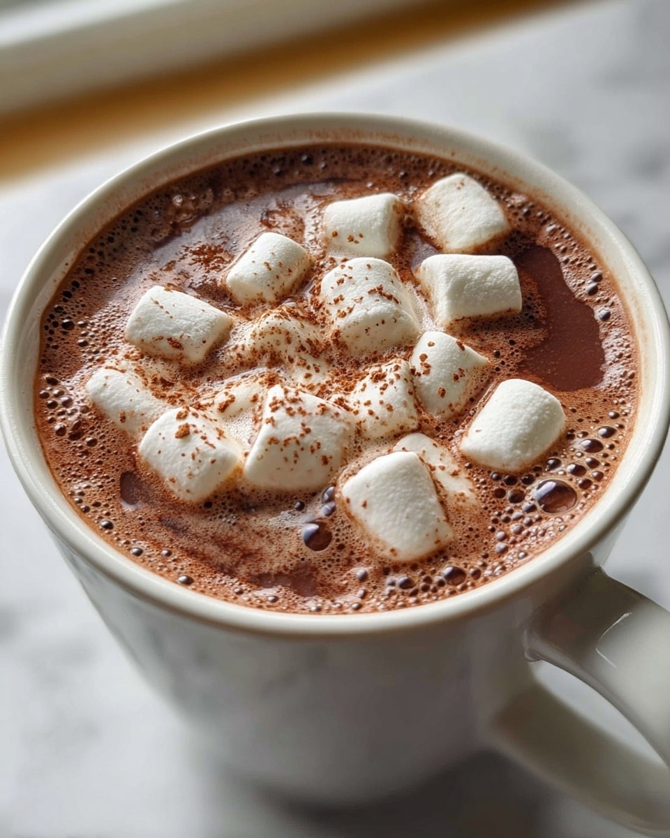 A white mug filled with dark brown hot chocolate, topped with a layer of white mini marshmallows scattered unevenly over the surface, some marshmallows lightly dusted with cocoa powder. The hot chocolate has a frothy texture with small bubbles around the edges. The mug sits on a white marbled surface, with a soft natural light coming from the side, highlighting the mugs curved handle partly visible on the right. photo taken with an iphone --ar 4:5 --v 7
