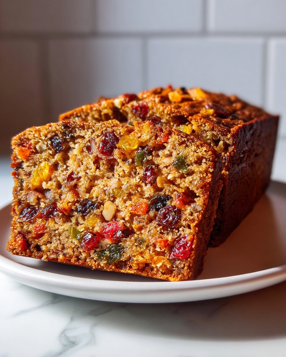 A close-up image shows a loaf of fruitcake on a white plate, resting on a white marbled surface. The cake is thick with two visible layers: a deep golden-brown outer crust and a dense, moist inside full of colorful dried fruits and nuts scattered throughout. The inside is speckled with bright reds, yellows, and greens from fruit pieces and darker brown bits from nuts, giving a textured and rich look. The cake slice is cut from the loaf and leans against it, showing a detailed view of the mixed ingredients inside. The background is softly blurred with a light tile wall. Photo taken with an iphone --ar 4:5 --v 7